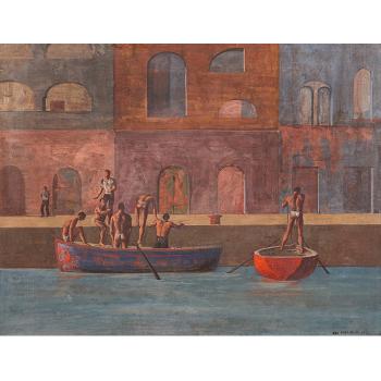 Canal scene with young men by 
																	Aldo Pagliacci