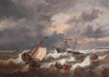 Marine in stormy weather, a choppy sea with boats and sloops by 
																	George Willem Opdenhoff