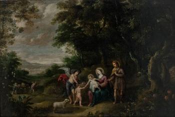 Resting Holy Family during the flight into Egypt with baby John the Baptist and angel by 
																	Jan Thomas van Yperen