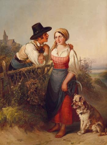 Junges Bauernpaar in Tracht mit Hund am See by 
																	Johann Matthias Ranftl