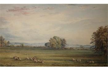 The Solent and Hurst Castle from the park of Cuffnells House by 
																	George Frederick Prosser