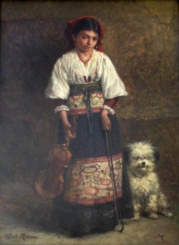 The Gypsy violinist and her dog by 
																	Alfred Jean Ronner