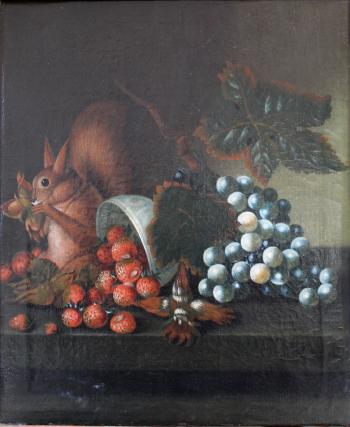 A Squirrel Eating Cobnuts On A Ledge, Strawberries And Grapes Nearby by 
																	William Jones of Bath
