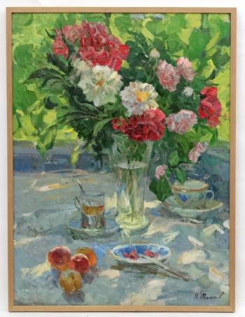 Still life with peonies and apples by 
																			Nikolai Tolkounov