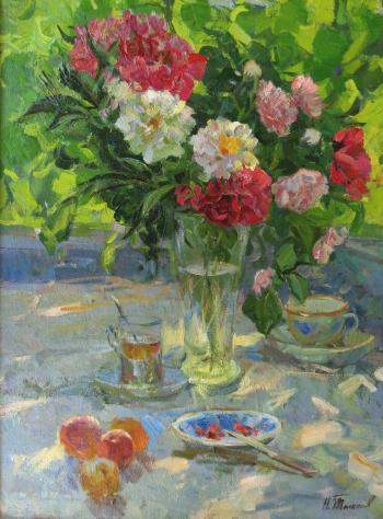 Still life with peonies and apples by 
																			Nikolai Tolkounov