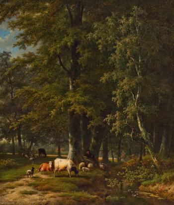 Herder met zijn kudde rustend bij de bosbeek by 
																	Cornelis Jan de Vogel