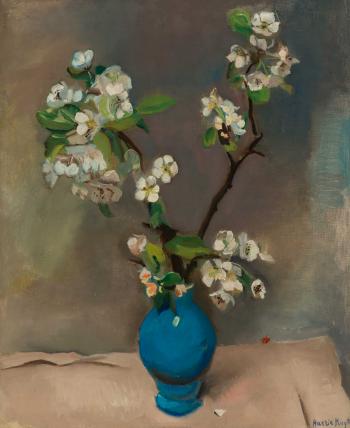 Pear blossom in blue vase by 
																	Harrie Kuyten
