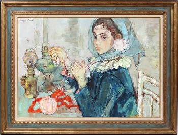 Young girl seated by oil lamps by 
																			Francoise Adnet