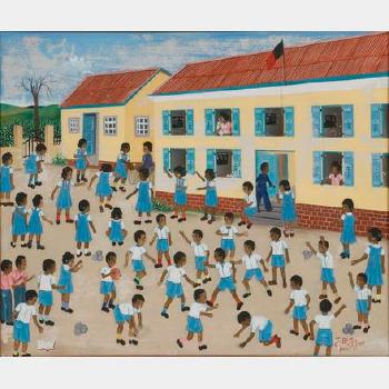Children in school uniforms playing in courtyard by 
																			Baptiste Jean Jean
