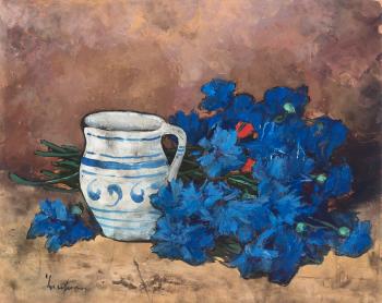 Still life with blue flowers and pitcher by 
																	Stefan Luchian