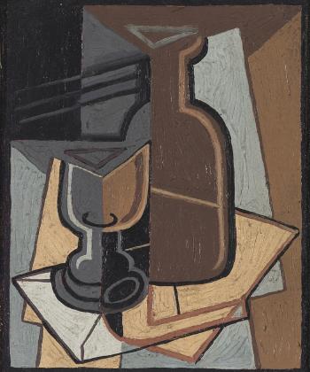 Cubist still life with wine bottle and glass by 
																	Suzy Frelinghuysen