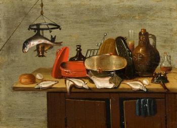 Kitchen still life with fish, pots, and a bellarmine by 
																	Gerrit van Vucht
