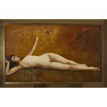 Lying nude reaching upwards to a dove by 
																			Ernest Philippe Zacharie