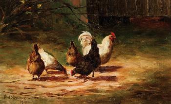 Rooster and chickens foraging by 
																			Paul E Harney
