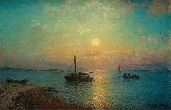 The sun setting over fishing boats by 
																			Alfred Wahlberg