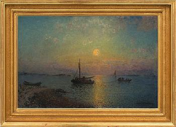 The sun setting over fishing boats by 
																			Alfred Wahlberg