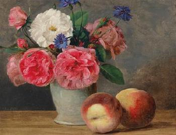 Still life with roses in a faience jug and two peaches by 
																			Ferdinand Kuss
