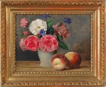 Still life with roses in a faience jug and two peaches by 
																			Ferdinand Kuss