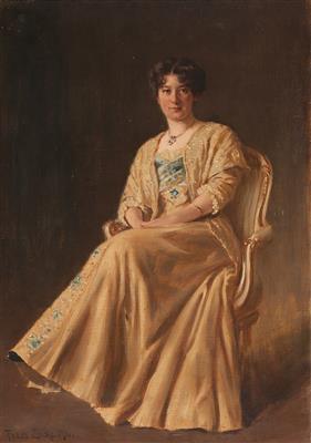 Portrait of a seated woman in a yellow dress by 
																			Fedor Encke