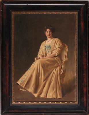 Portrait of a seated woman in a yellow dress by 
																			Fedor Encke