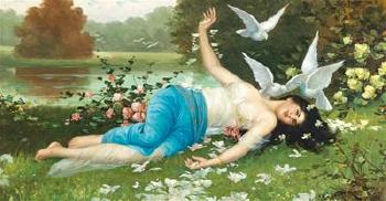Reclining nude with doves by a lake by 
																			H Waldek