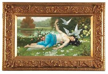 Reclining nude with doves by a lake by 
																			H Waldek
