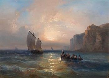 Calm sea with ships in the evening light by 
																			Jean-Marie Jugelet