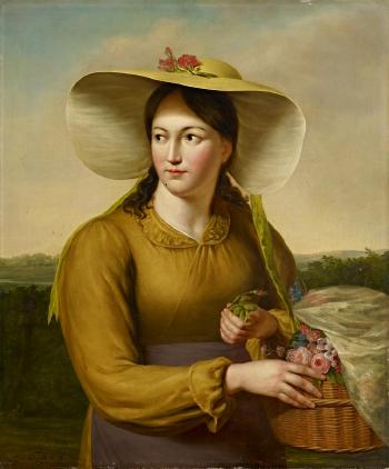 Young Woman with a Basket of Flowers by 
																			Francois Montauban van Swyndregt
