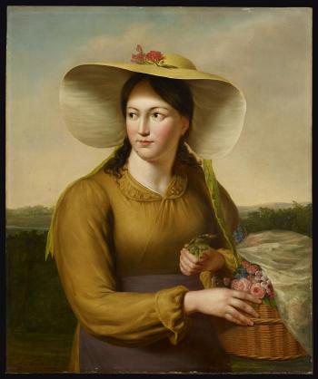 Young Woman with a Basket of Flowers by 
																			Francois Montauban van Swyndregt