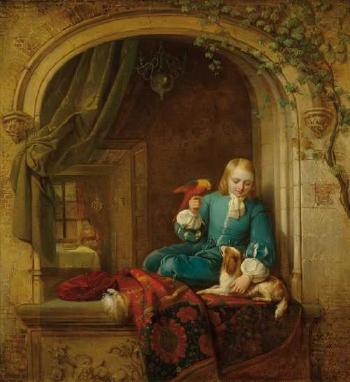 Knabe am Fenster mit Hund und Papagei by 
																	Alexis van Hamme