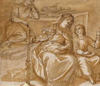 Jesus unterrichtet seine Mutter, im Hintergrund Joseph mit seinen Werkzeugen by 
																	Alessandro Maganza