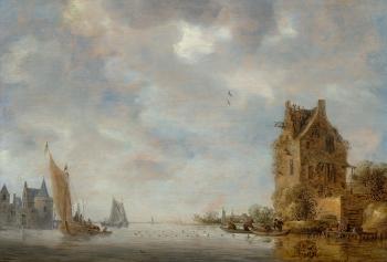 River scene with sailing boats and houses by 
																	Frans de Hulst