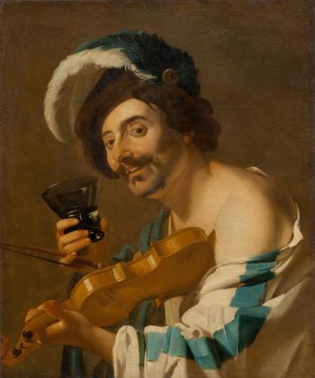 Violin player with a wine glass by 
																	Dirck van Baburen