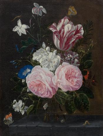 Bouquet of flowers in a glass vase with butterflies and a small caterpillar on a stone plinth by 
																	Jean Baptiste de Crepu