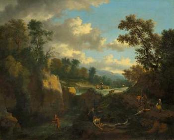 Fishers, shepherd and travellers at a waterfall by 
																	Jan Hackaert