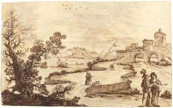 River landscape with figures and castello by 
																	 Il Falsario di Guercino
