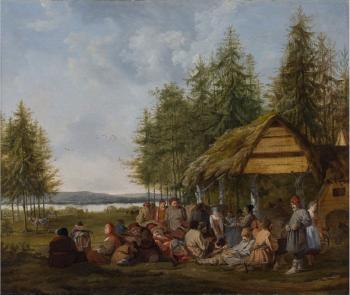 Paysans russes devant une isba by 
																	Charles Eschard