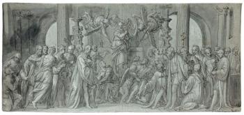 Scène allégorique à la gloire d’un haut personnage vénitien: saints protecteurs et nobles vénitiens entourant le personnage célébré by 
																	Benedetto Caliari