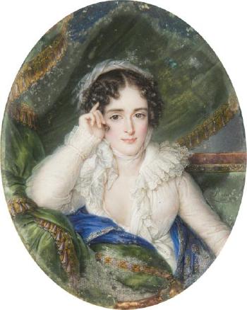 Jeune femme accoudée dans un sofa sur fond de rideau vert à franges dorées, en robe blanche très décolletée, un foulard en turban dans ses cheveux bruns bouclés by 
																	Louis Marie Autissier