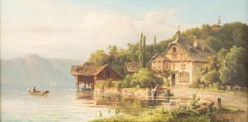 Haus am See vor Gebirgskulisse by 
																			Hugo Ullik