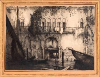 Venetian scene of a gondola by a vine-covered building by 
																			Gennaro Favai