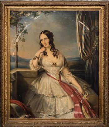 Portrait of Georgeana Arnold seated on a balcony by 
																	Adrien Wulffaert
