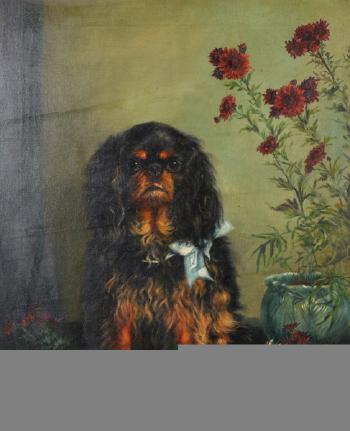 Study of a King Charles Spaniel, with a Blue Bow round the neck, and Flowers in a Green Bowl by 
																			Adrienne Lester