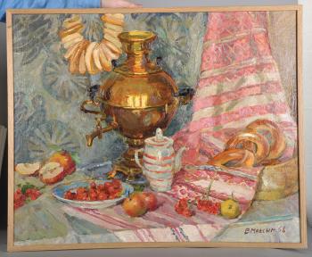 Still Life with Samovar, with Fruit, Bread Rolls and a Tea Pot by 
																			Vera Aleksandrovna Maksimoushkina