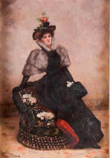 Portrait de femme en pieds appuyée sur une Chauffeuse by 
																	Albert Jules Edouard