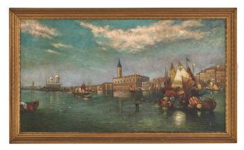 Venetian Canal with Gondoliers and St. Mark's in the Distance by 
																			 Vallin