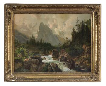 Mountainscape with Rapids and Figure by 
																	Joseph Navratil
