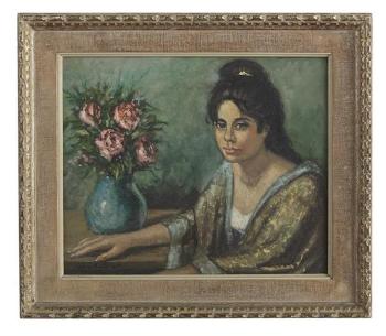Portrait of a young Beauty with a Vase of Roses by 
																			Juan Valera Montoro