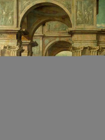 Capriccio architettonico con edificio monumentale ad arco centrale sormontato da un timpano e astanti in abiti eleganti a passeggio by 
																			Ascanio Luciani