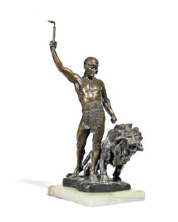 Figural group of a lion tamer with lion by 
																	Jean Verschneider